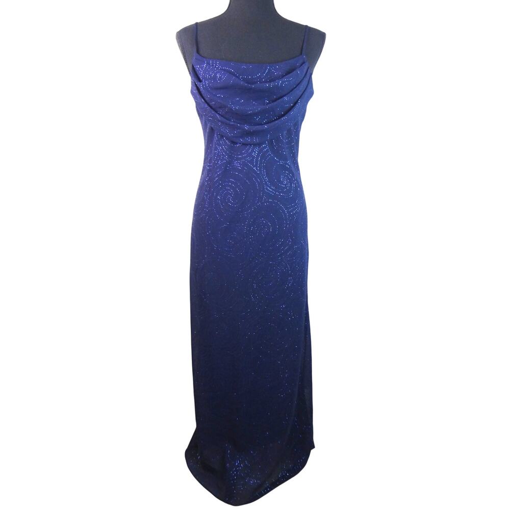 Vintage 90s Y2K Navy Blue Formal Slip Dress Cowl Drape Neck Glitter 6P Petite
